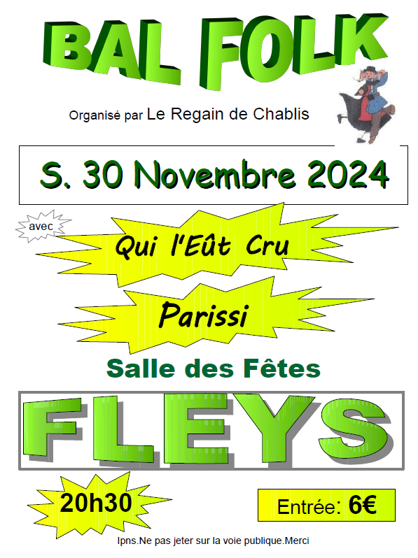 affiche jaune et verte annoncant bal folk le samedi 30-11-24 à FLEYS