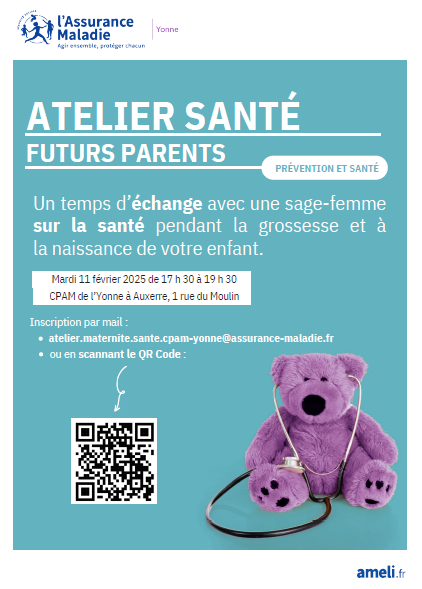 Affiche avec un ours de couleur parme avec un stetoscope dans les oreilles.