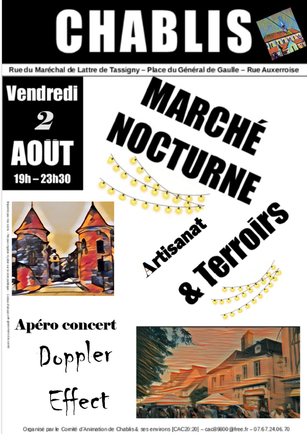 Affiche en noir et blanc avec les tours porte noel en couleur et rue du marché date du 02 08 2024