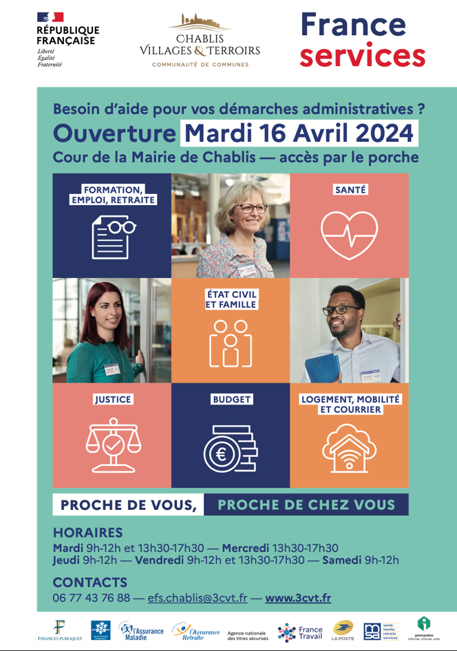 Affiche sur fond vert annonçant l'ouverture prochaine d'un espace France Services