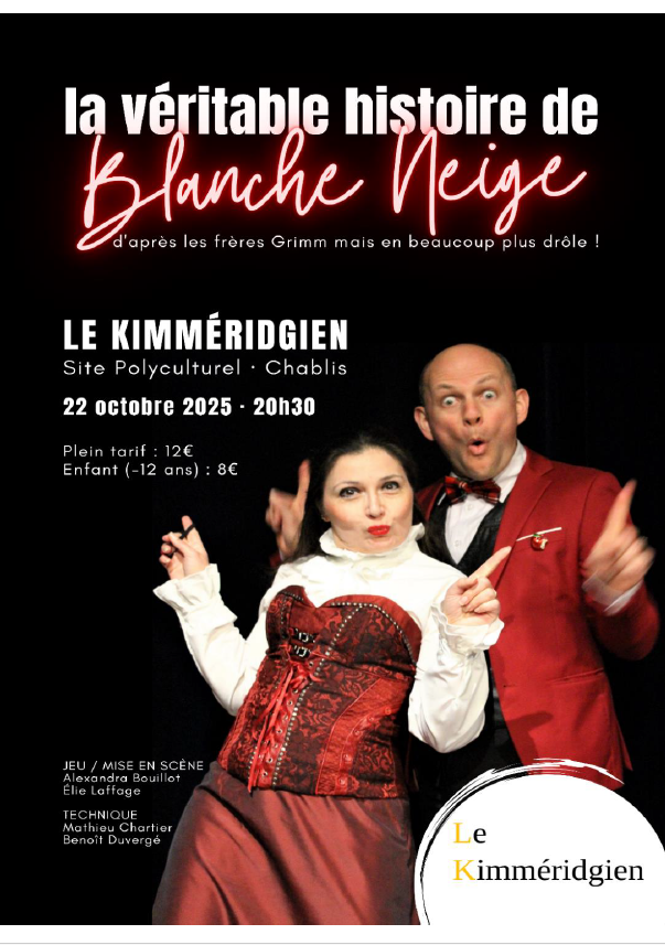 Affiche 2 comédiens homme femme habillés en rouge blanc et noir annonce spectacle du 22 10 2025 a 20h30