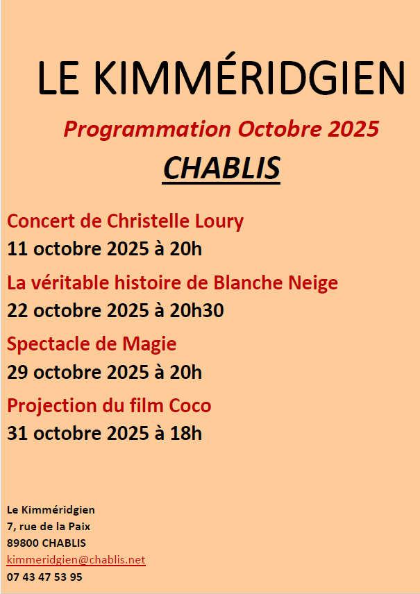 affiche avec dates et heures de la programation d'octobre à la salle du Kimméridgien