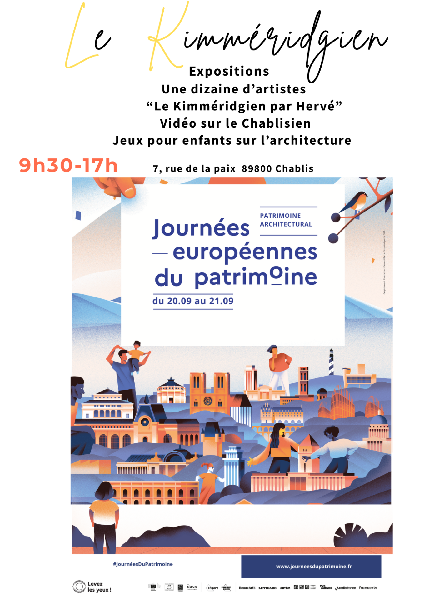 AFFICHE JEP BLEU ET ORANGE SUR FOND BLANC ANNONCE EXPOS A LA SALLE DU KIMMERIDGIEN