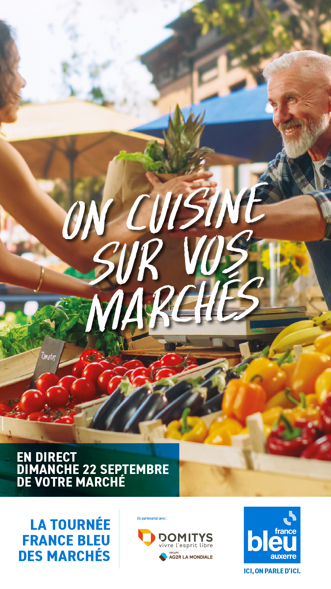 Affiche france bleu repésentant un homme et une femme devant un étal de légumes sur un marché