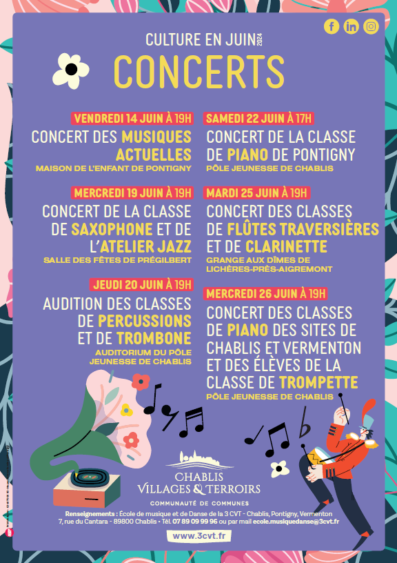 Affiche avec fond fleuri vert et rose  annoce les concerts du mois de juin des enfants de chablis