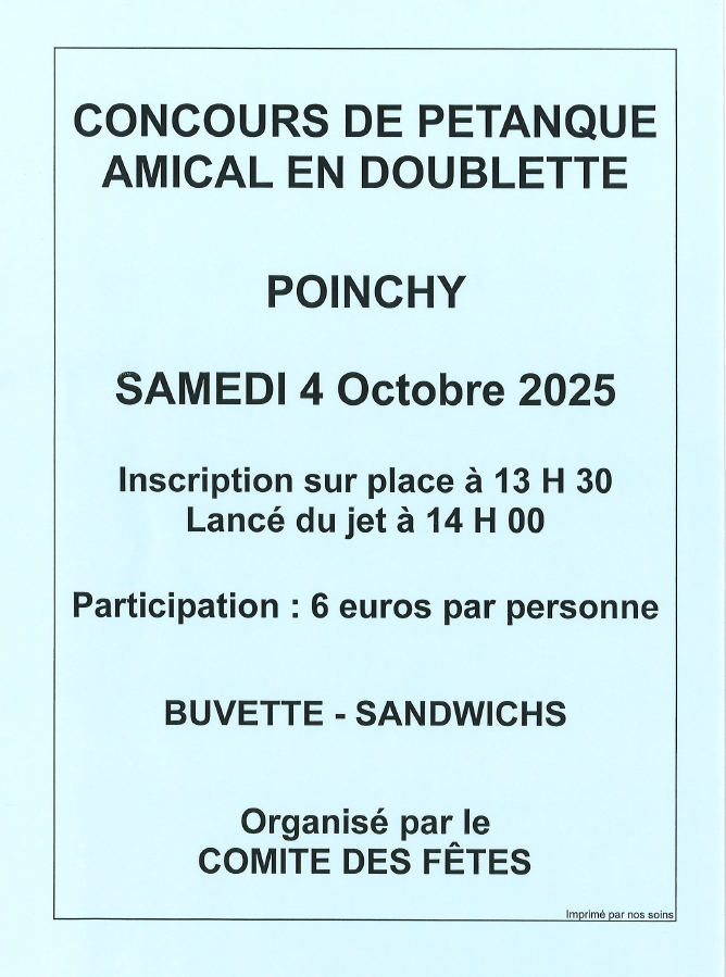 AFFICHE SUR FOND BLEU ANNONCE CONCOURS DE PETANQUE DU 04/10/25