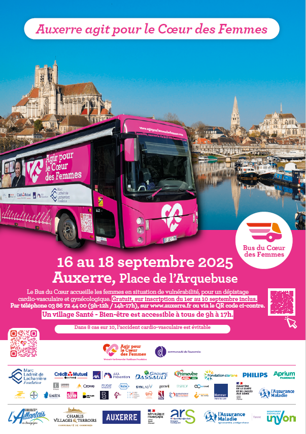 Affiche ville d'auxerre en fond et bus rose au 1er plan