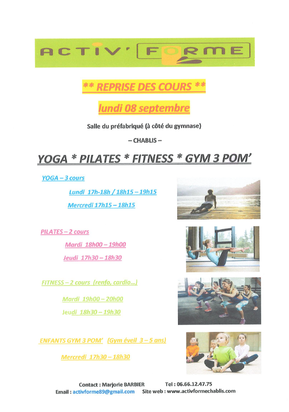 annonce reprise cours yoga-pilates-fitness-enfants gym a partir du 08/09/25