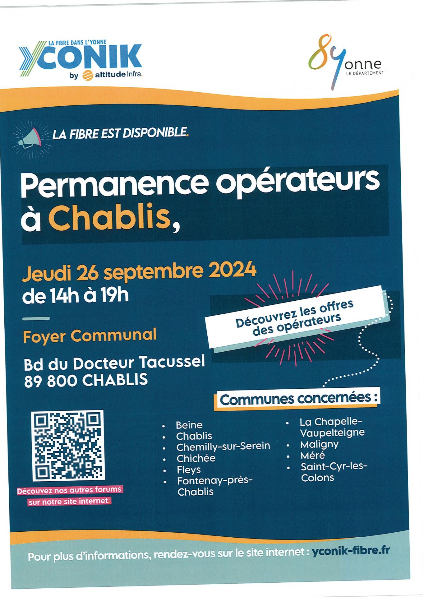 Affiche bleue marine avec date du 26/09/2024  permanence au foyer de Chablis