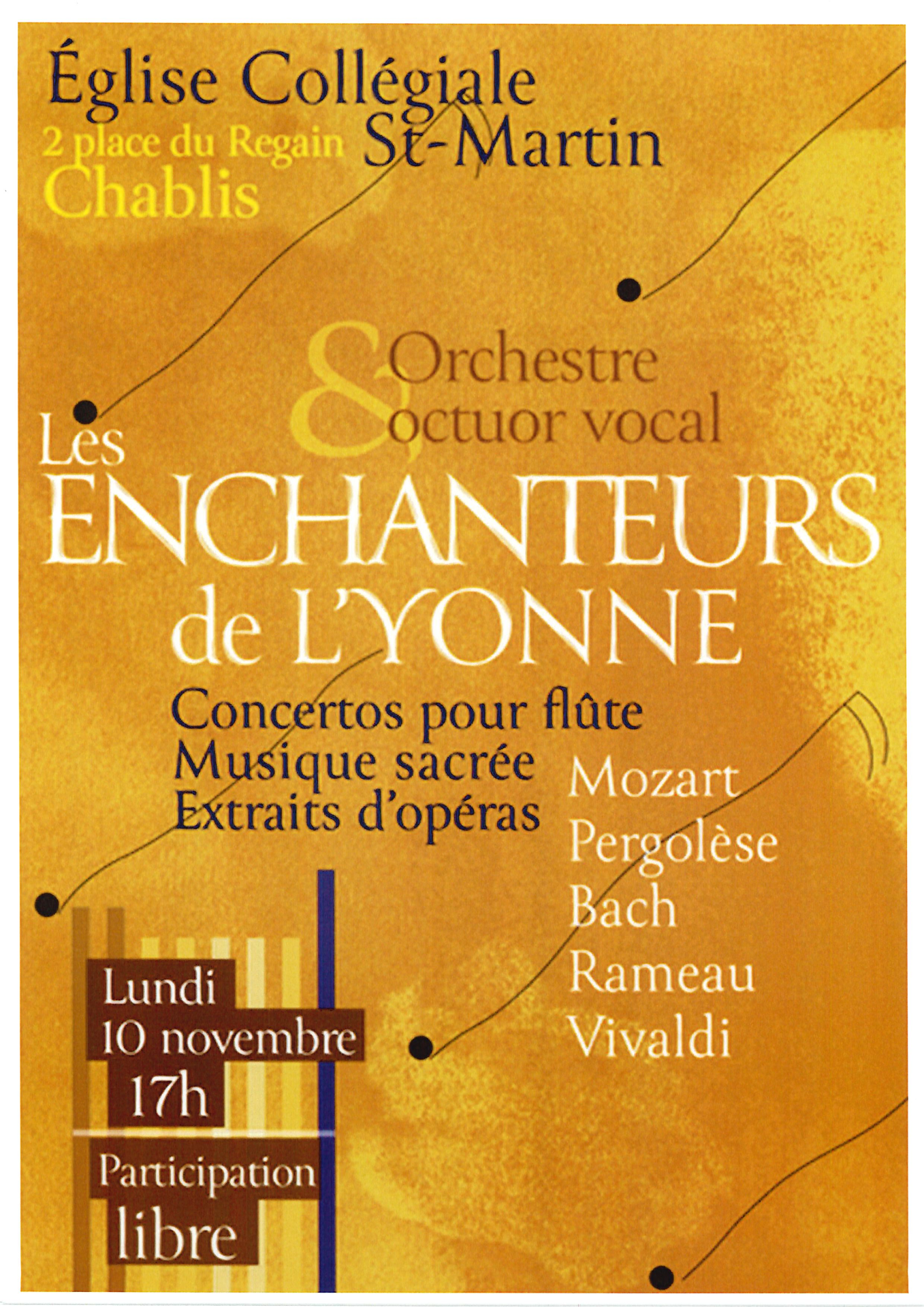 Affiche orange annonce concertos du 10-11-2025 à la Collégiale St Martin