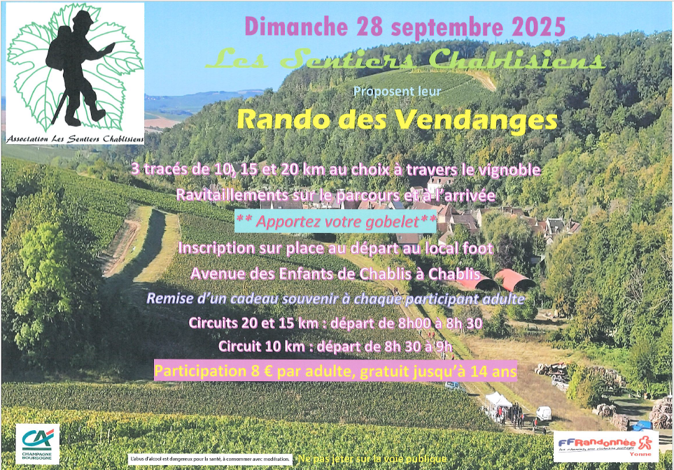 affiche annonce randonnée du 28 09 2025 sur fond paysage vignoble
