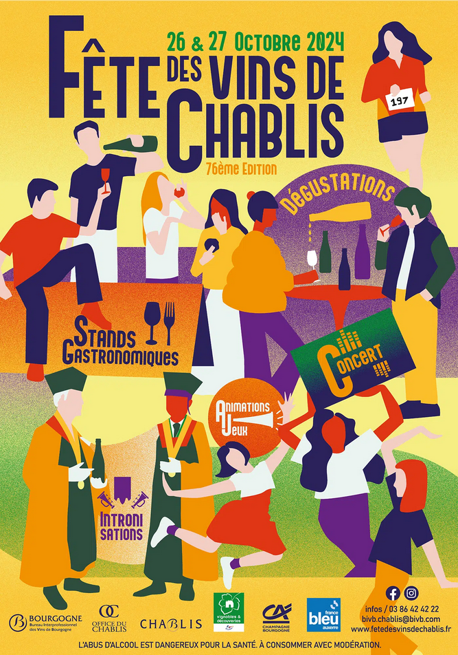 AFFICHE SUR FOND ORANGE AVEC DIVERS PERSONNAGES  TENANT DES VERRES ET OU BOUTEILLES ET HOMMES, FEMMES QUI DANSENT OU DISCUTENT